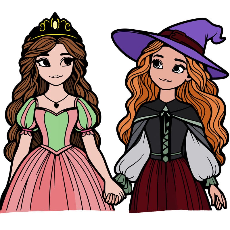 a princess and a witch holding hands realistic