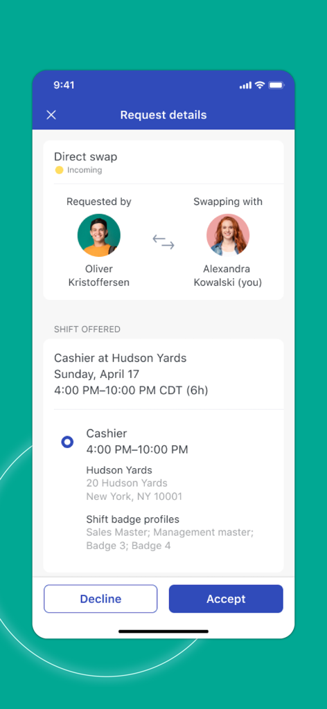 WorkJam - Schermata dell'app WorkJam che mostra una richiesta diretta di scambio turno tra due dipendenti con opzioni per accettare o rifiutare