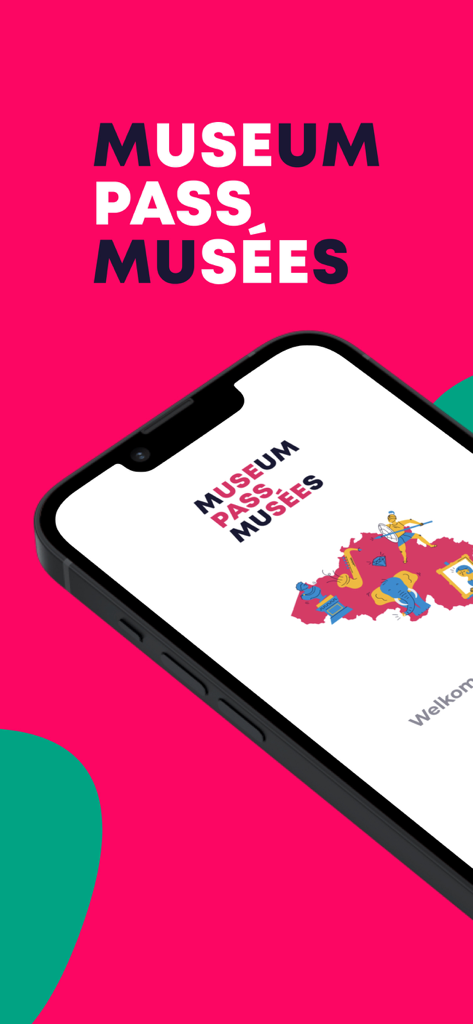 museumpas - Smartphone showing the Museum Pass Musees welcome screen with a map of Belgium and cultural icons