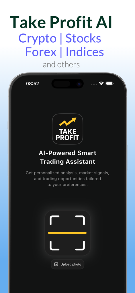 Interface do aplicativo de trading com IA Take Profit para análise de ações de cripto e forex