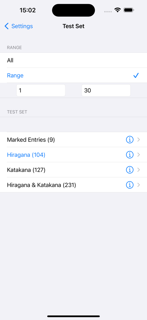Tela do aplicativo Kana LS Touch mostrando opções para configurar um conjunto de teste por intervalo ou categoria de caractere como Hiragana e Katakana.