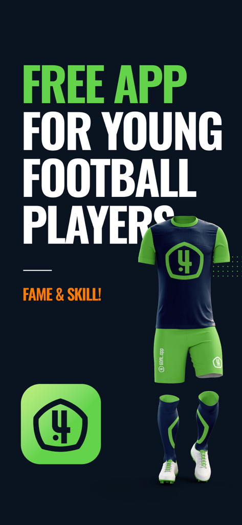 4GOAL - Promotional graphic for the 4GOAL app for young football players featuring a soccer kit and the text fame and skill