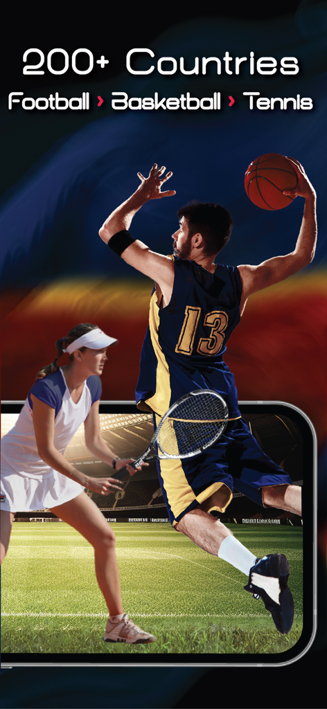 Xscores app promotional graphic showing live score coverage for football basketball and tennis in over 200 countries