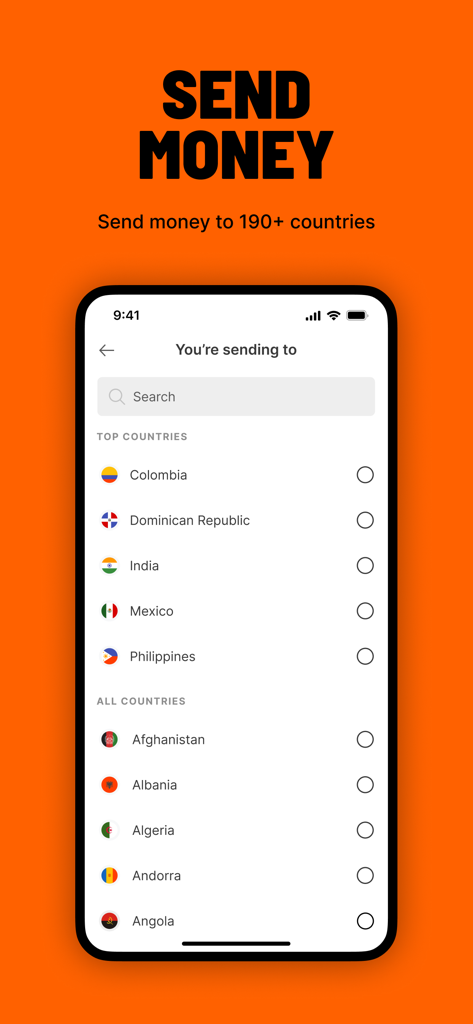 Ria Money Transfer - Interfaz de la aplicación Ria Money Transfer que muestra una lista de países de destino para transferencias internacionales de dinero.