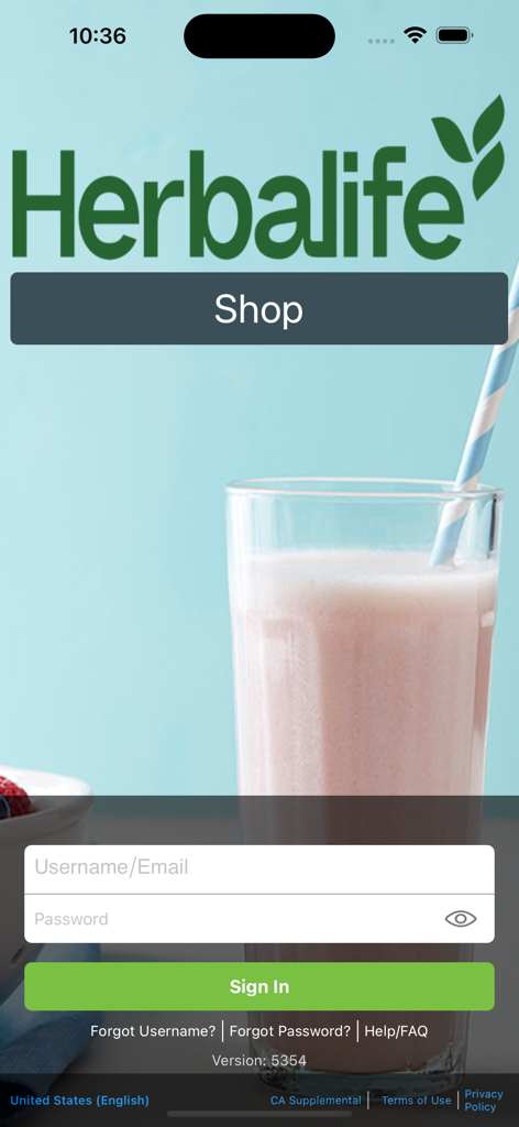 Herbalife Shop app login screen with fields for username and password