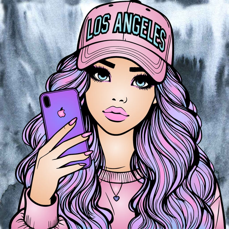 realistic beautiful girl wearing los ángeles cap holding an iphone