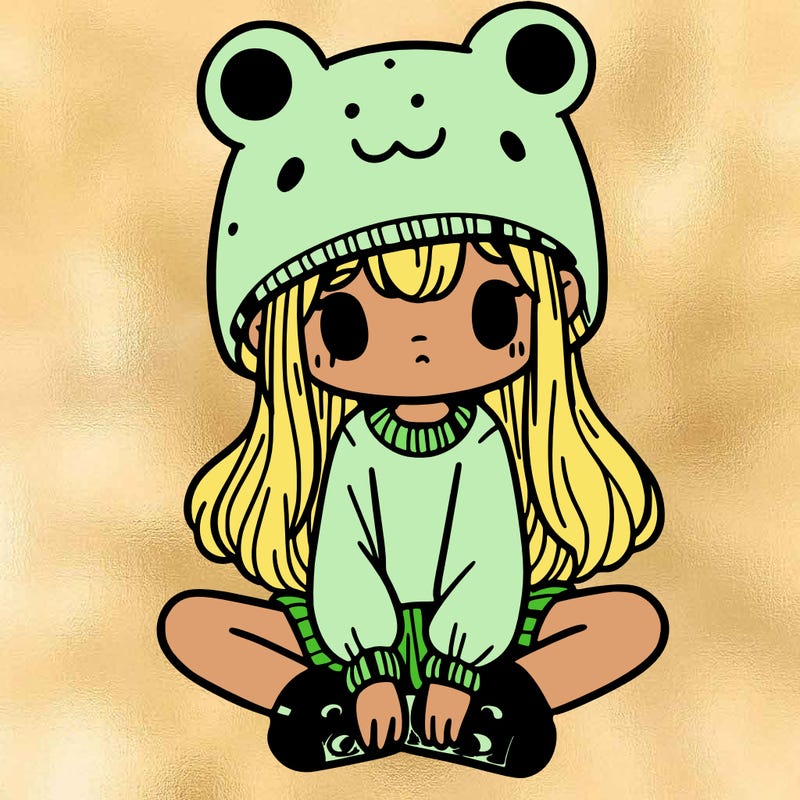 a girl wearing a frog hat and some frog socks