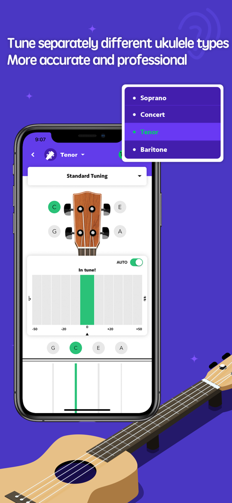 ukulele chords pro - uke chord - Un smartphone móvil que muestra la interfaz de un afinador de ukelele con un menú para seleccionar tipos de instrumentos Soprano Concierto Tenor y Barítono