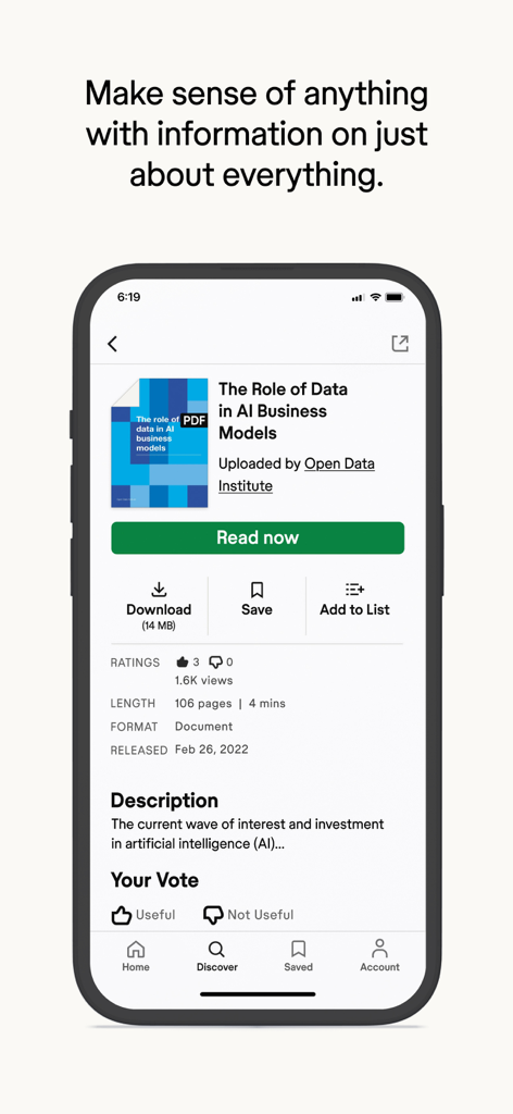 Scribd: 170M+ documents - Interfaz de la aplicación móvil Scribd que muestra un documento de investigación titulado "The Role of Data in AI Business Models"
