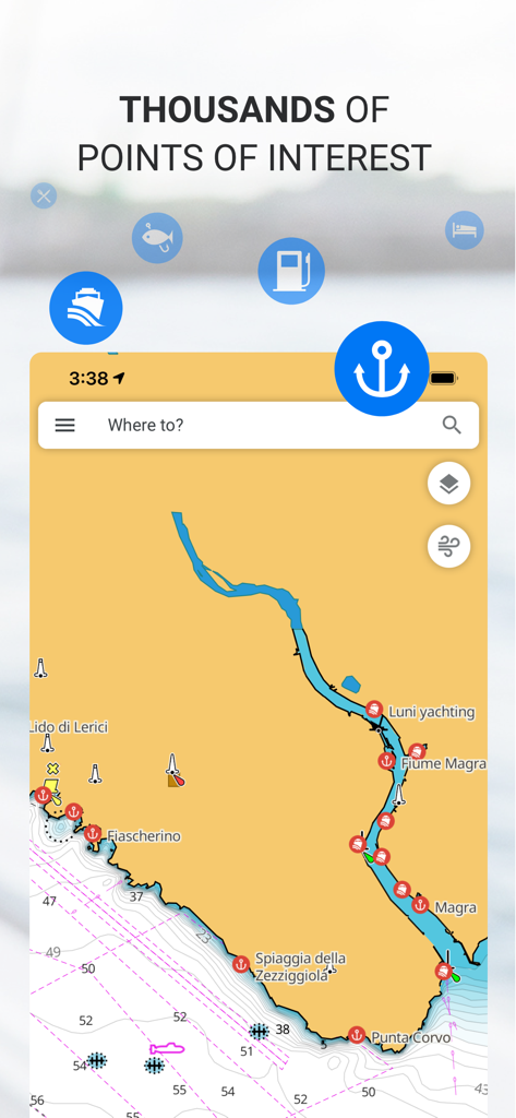 C-MAP: Boating - Nautical chart on the C-MAP Boating app displaying marine points of interest like fuel and anchorage