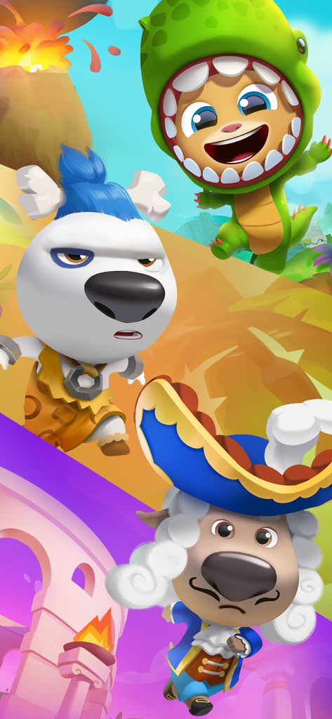 Talking Tom Time Rush - Talking Tom and friends in dinosaur caveman and pirate costumes in different game worlds