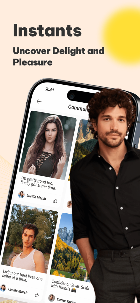 Rilk - Make Funny Friends - Rilk app interface showing a social community feed with user profiles and photos