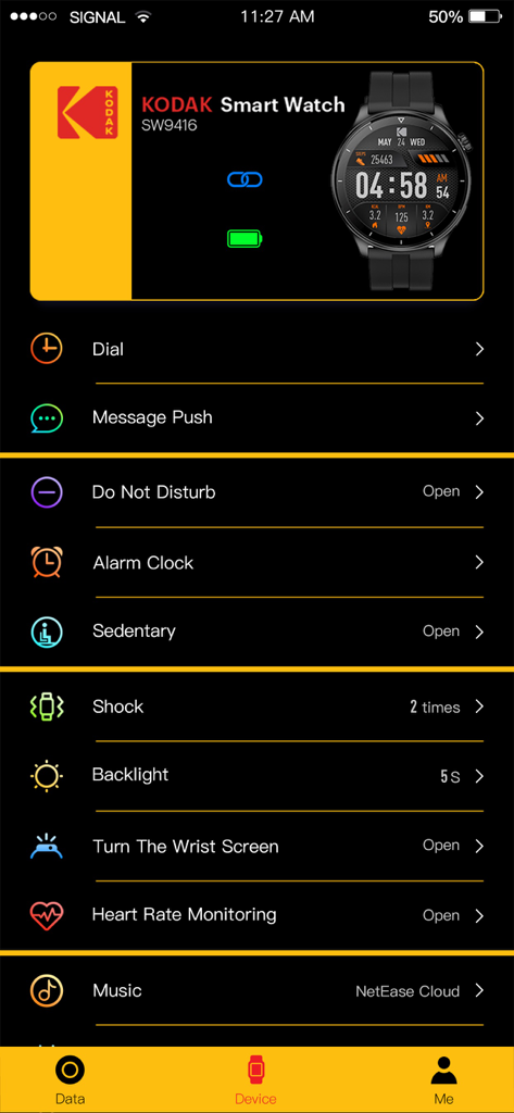 KODAK SMART WATCH - Interface des paramètres de l'application Kodak Smart Watch montrant les options pour les notifications de messages, le réveil et la surveillance de la fréquence cardiaque