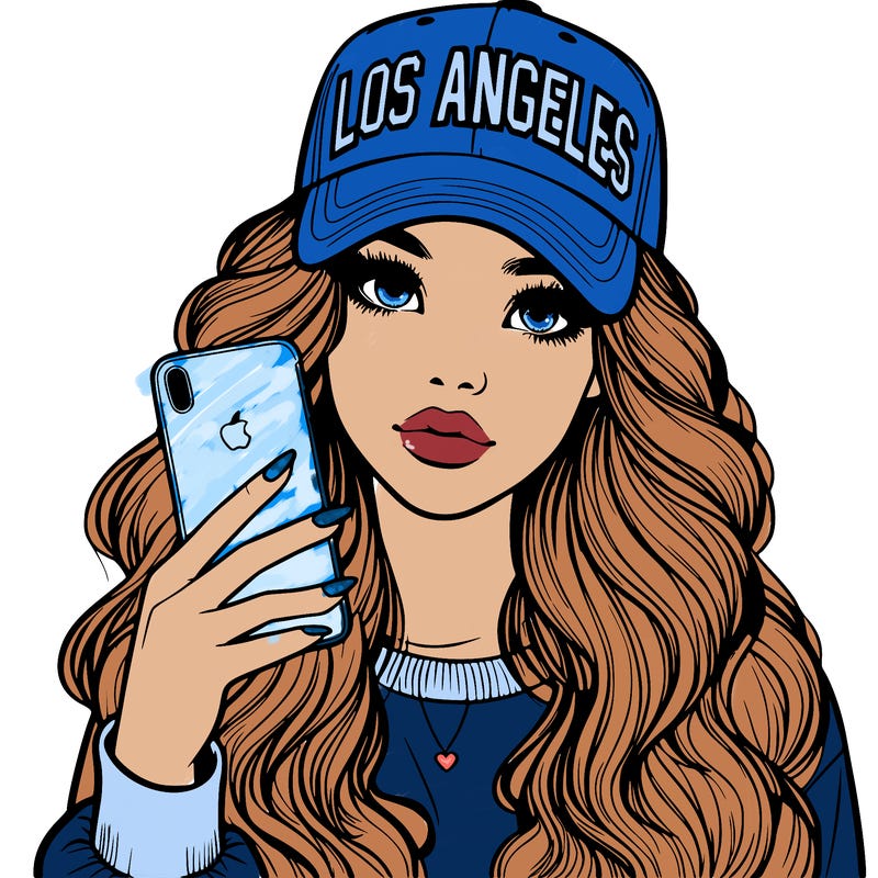 realistic beautiful girl wearing los ángeles cap holding an iphone