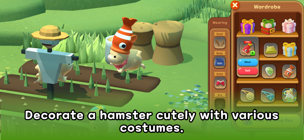 A cute hamster wearing a fish hat next to an open wardrobe menu showing various outfits and accessories.