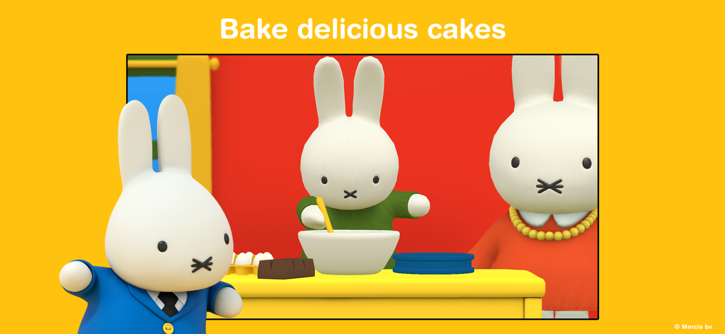 Miffy's World! - 미피와 친구들이 케이크를 만들기 위해 그릇에 재료를 섞고 있습니다.