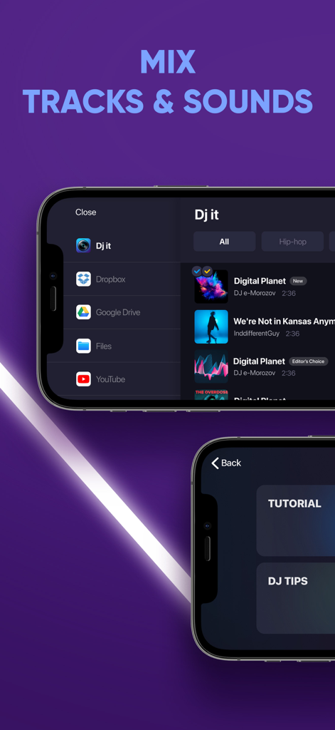 DJ it app interface showing track import sources like Dropbox and YouTube along with tutorial and DJ tips sections
