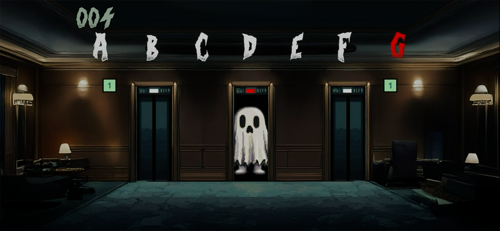 Music Monsters - Un monstruo fantasma en un ascensor de hotel embrujado representando la nota musical G en el juego Music Monsters.