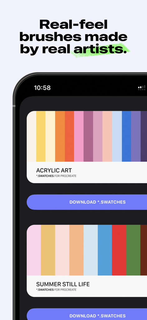 Procreate color palette swatches within the Art Brushes for iPad app interface