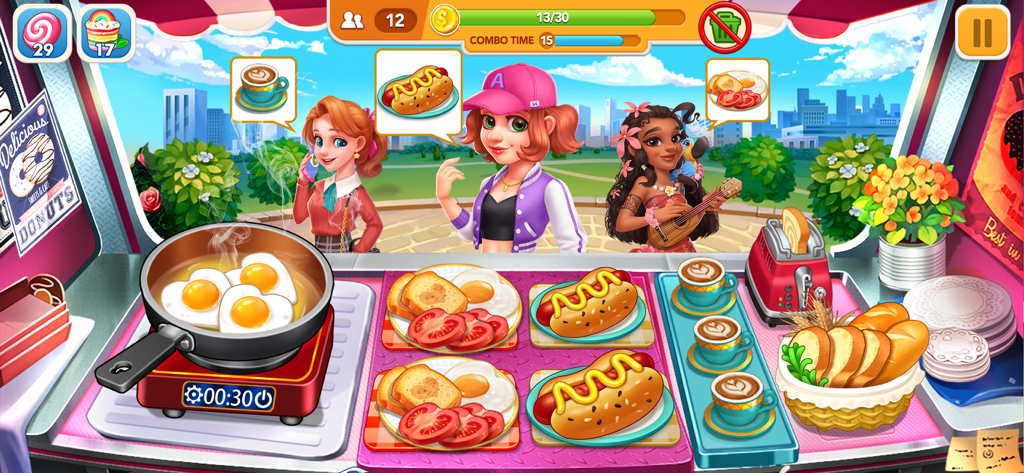 Gameplay de Cooking Frenzy Crazy Chef mostrando un mostrador de cocina con comida de desayuno y clientes esperando a ser servidos