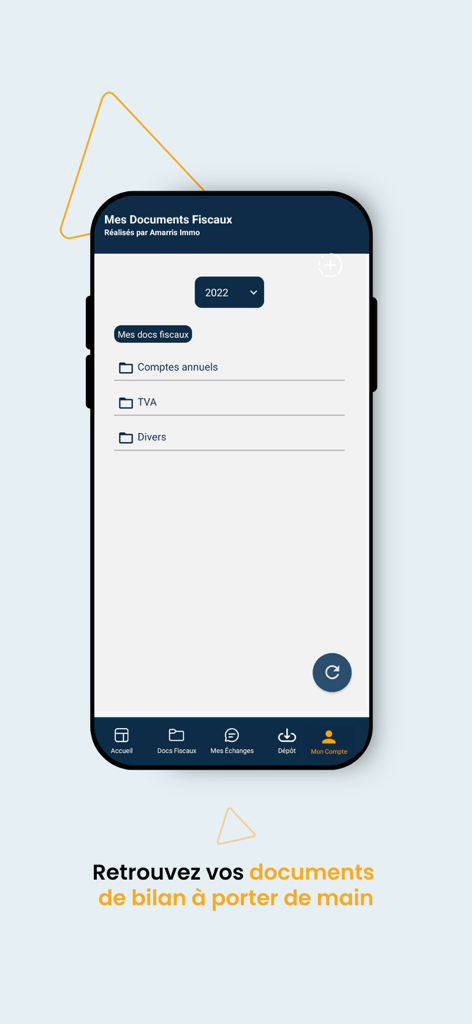 Pantalla móvil de la aplicación Amarris Immo Expert que muestra carpetas de documentos fiscales para cuentas anuales e IVA.