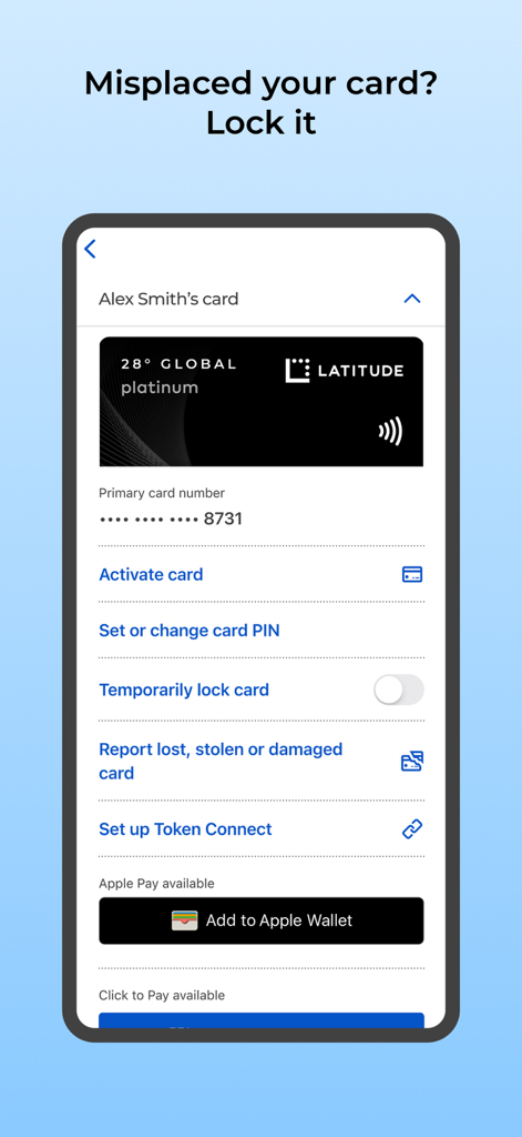 Latitude App interface showing card management options like temporary locking and PIN changes.