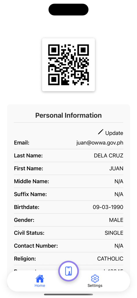 OWWA Mobile App - Personal information screen of the OWWA app showing user profile and QR code