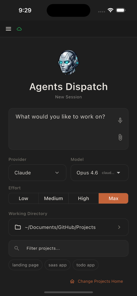 Agents Dispatch - Interface of the Agents Dispatch app showing AI model selection and project directory management.
