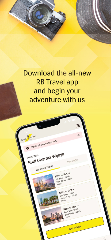 스마트폰에서 예정된 항공편 예약을 보여주는 로열 브루나이 항공 모바일 앱 인터페이스