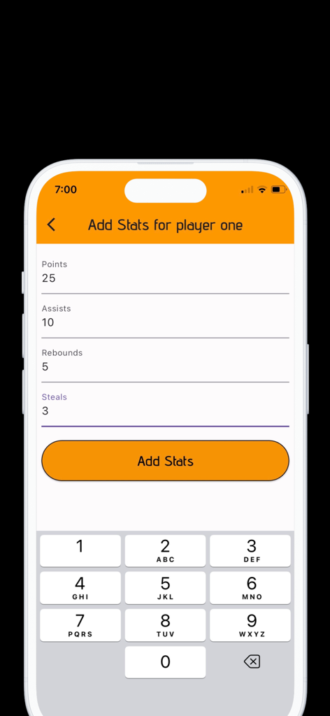 Interfaz para ingresar estadísticas de jugadores de baloncesto, incluyendo puntos, asistencias y rebotes