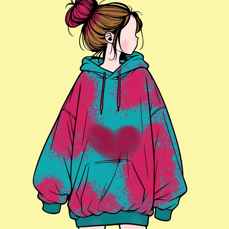 realistic girl with a oversized sweatshirt on and a bun