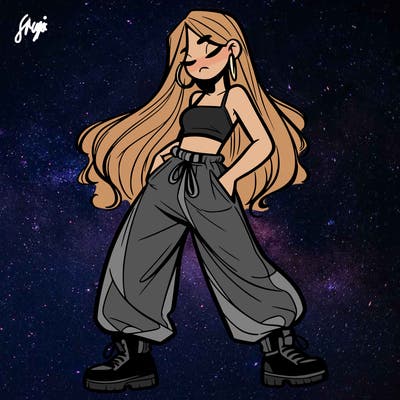 girl in baggy pants crop top and long hair