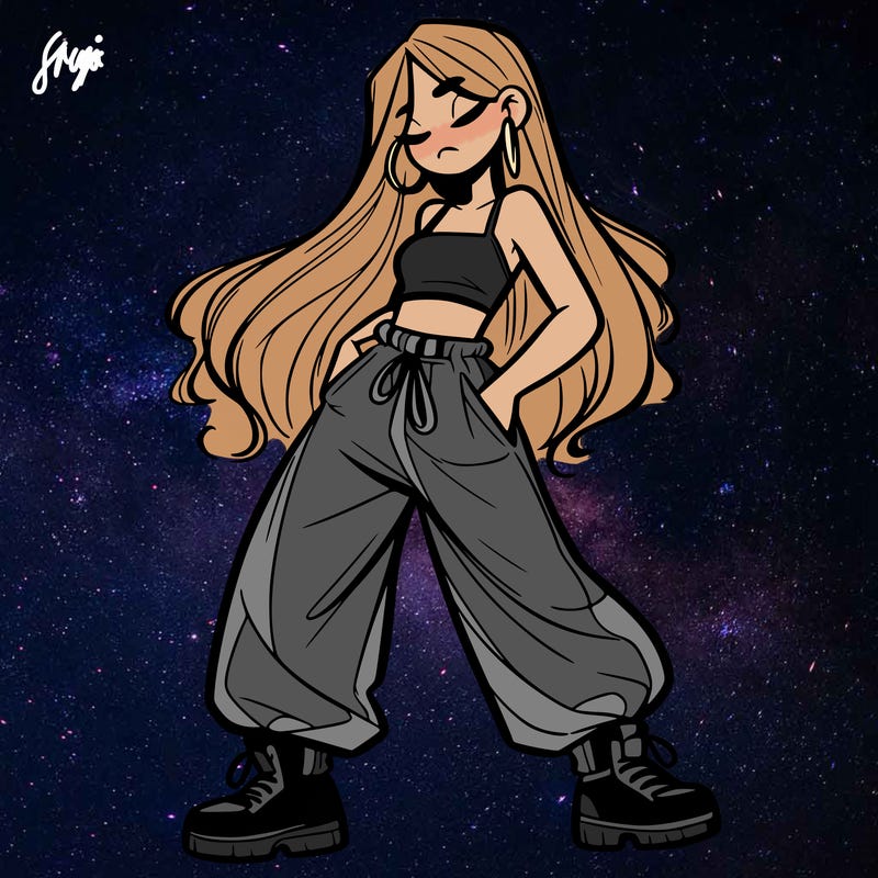 girl in baggy pants crop top and long hair
