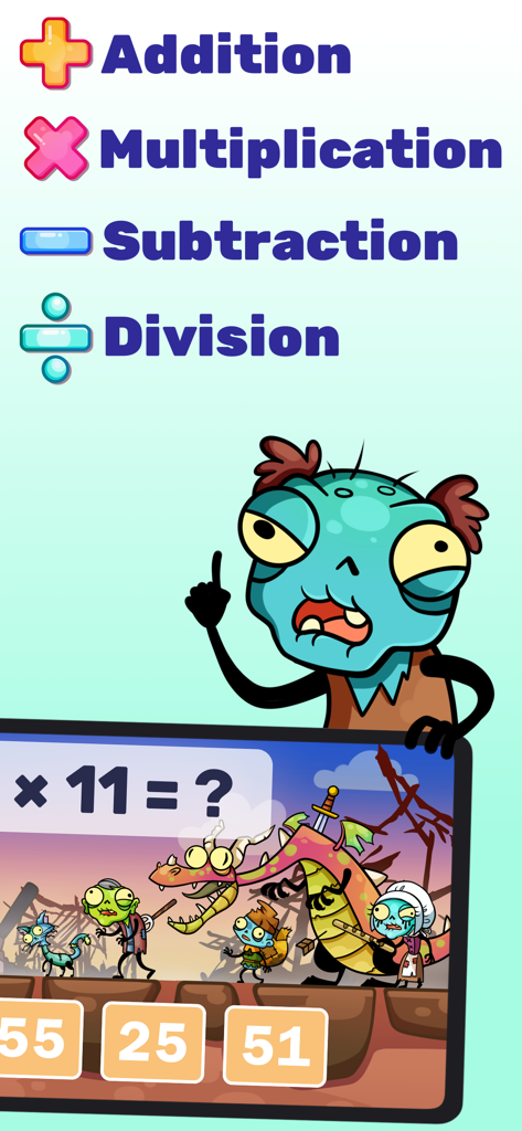 Math games: Zombie Invasion - Educational math game screen showing addition multiplication subtraction and division options with a cartoon zombie character
