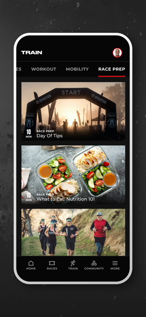 Spartan app race prep interface showing nutrition and race day tips
