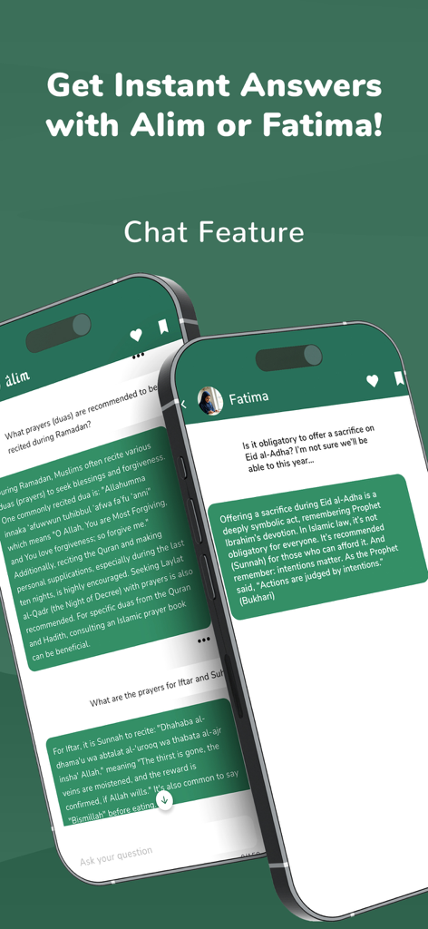 Alim: Islamic Guide, Azan, Dua - Screenshot of the Alim app highlighting the chat feature with AI guides Alim and Fatima for instant Islamic answers.