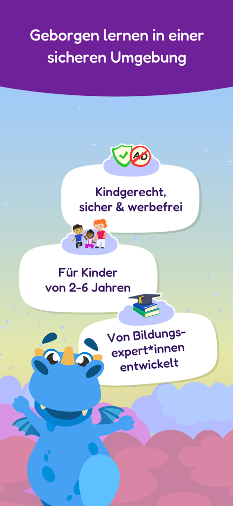 Promotional screen for sofatutor KIDS app highlighting safe ad-free learning for children aged 2 to 6 developed by experts