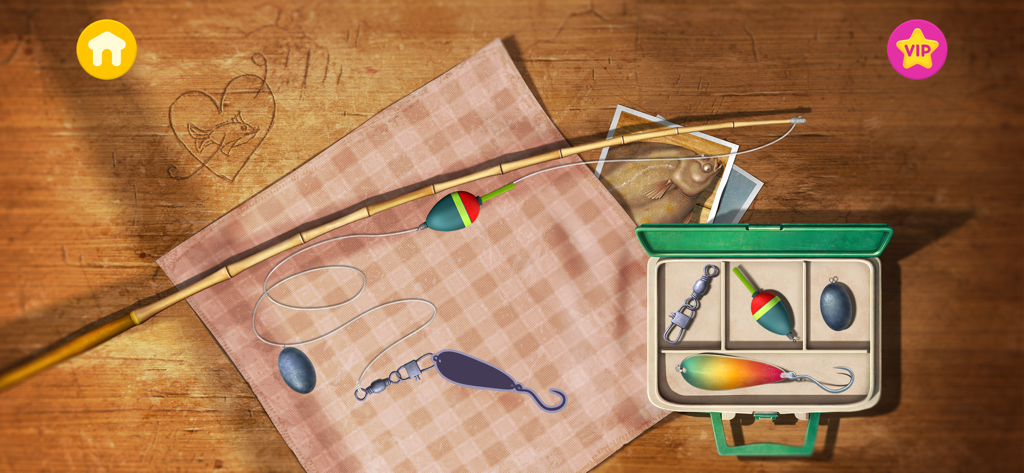 Masha and the Bear: Easy Farm - Caña de pescar y equipo de caja de aparejos en el juego de Masha y el Oso