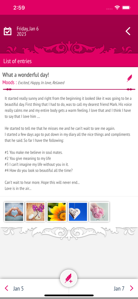 Secret Diary With Passcode - A journal entry screen in the Secret Diary app showing text description mood tags and photo attachments on a pink theme