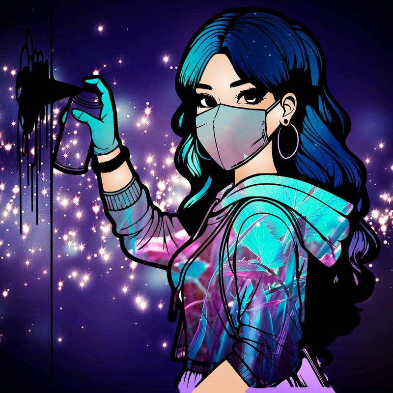 realistic girl with mask spray painting a wall