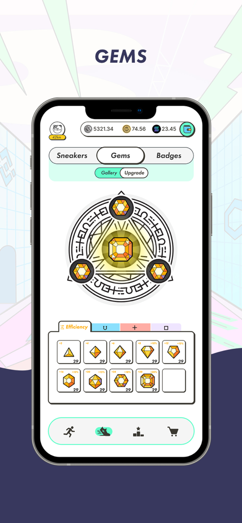 Interface de l'application STEPN montrant le système d'amélioration des gemmes et la galerie d'attributs d'efficacité