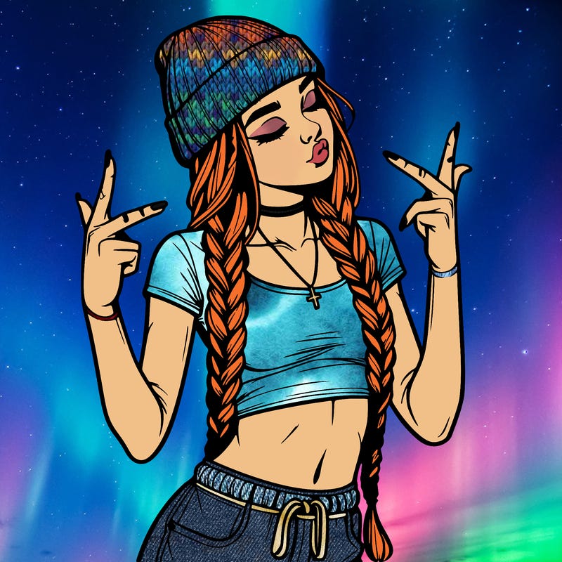 realistic teenage girl with braids and a beanie and crop top doing 🫶🏼