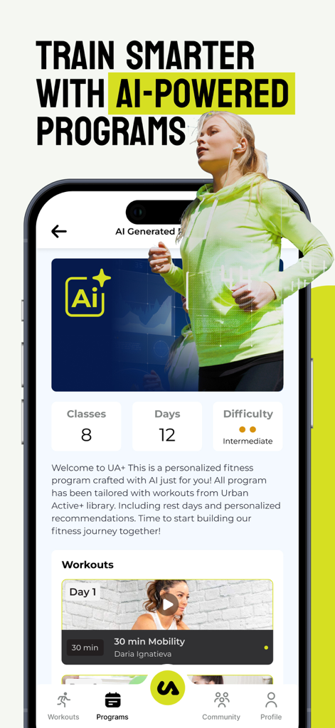 Urban Active plus app screen showing AI-generated personalized fitness programs with mobility workouts and training details.