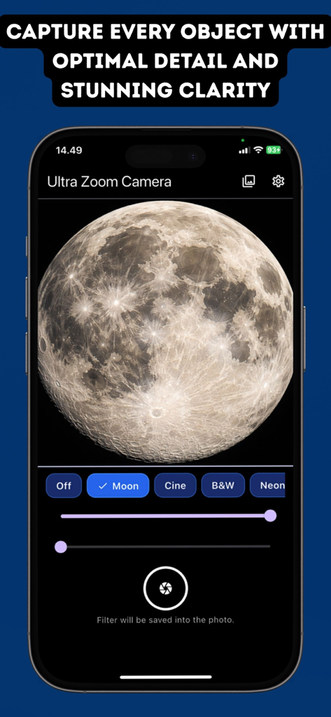 Ultra Zoom 1000x Moon Camera - Oberfläche der Ultra Zoom Camera App, die eine detaillierte Mondfotografie mit Echtzeitfiltern und Zoom-Steuerelementen zeigt.