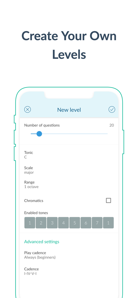 Functional Ear Trainer - Interface of Functional Ear Trainer app showing options to create a custom level with settings for tonic scale and cadence