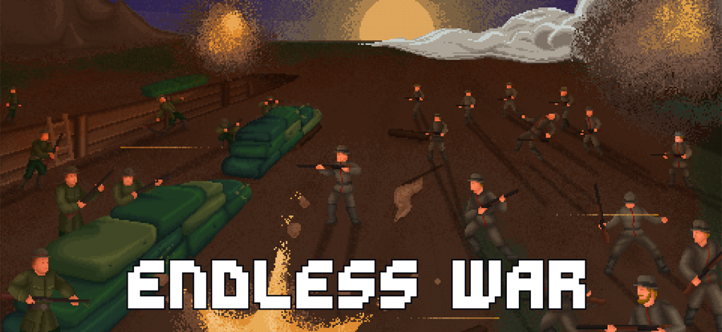 Soldados em pixel art retrô em uma batalha de guerra de trincheiras da Primeira Guerra Mundial com o texto Endless War