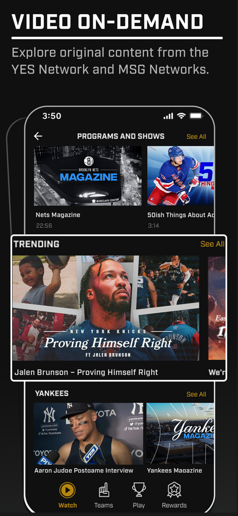 Gotham Sports app interface showing video on demand original programs and sports interviews.