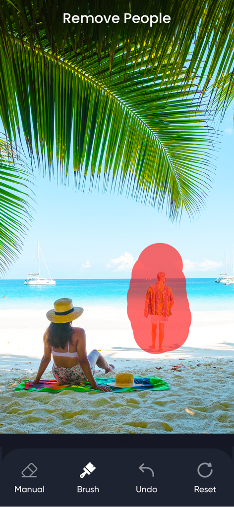 Erase Objects: Remove Object - Smartphone app screen demonstrating the removal of a person from a beach photo using an AI brush tool
