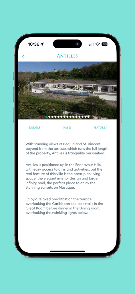 Detalles de la villa de lujo Antilles con foto de piscina infinita en la aplicación Mustique