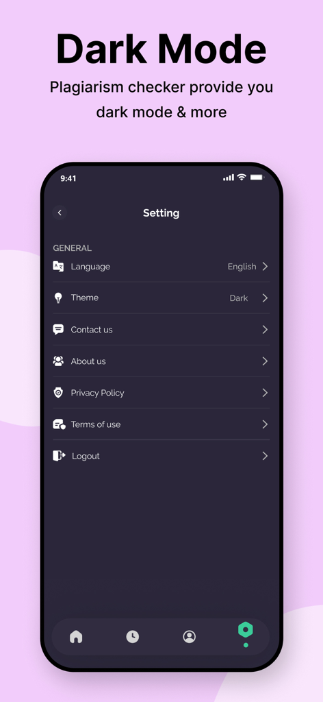 Plagiarism Checker -Prepostseo - The settings menu of the Plagiarism Checker app featuring a dark mode interface.